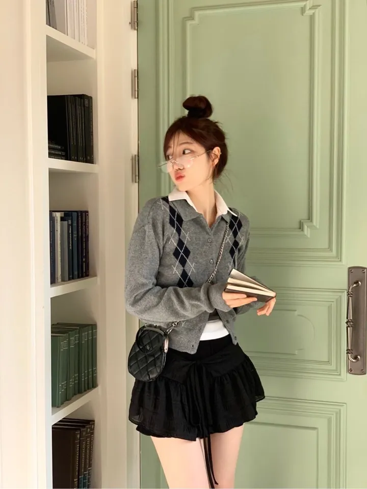 [캐시미어가디건ෆ잘록핏]르본 배색 아가일 패턴 잘록 시보리 카라넥 캐시미어 울니트 버튼 가디건 4color 상세 이미지 27