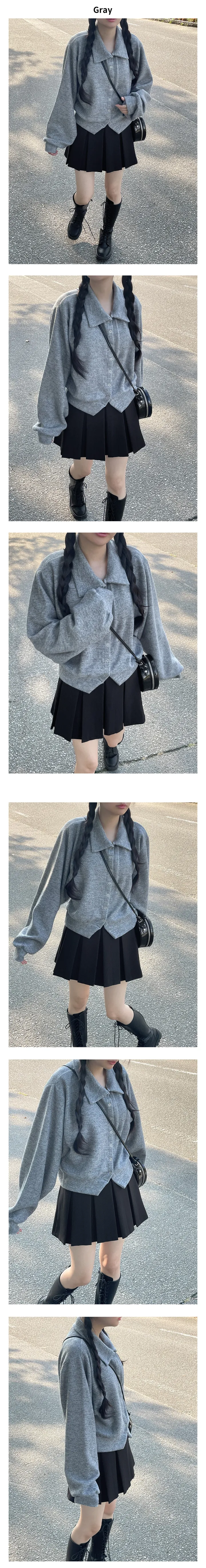 벌룬 카라 루즈핏 스냅 단추 트임 가디건 상세 이미지 3