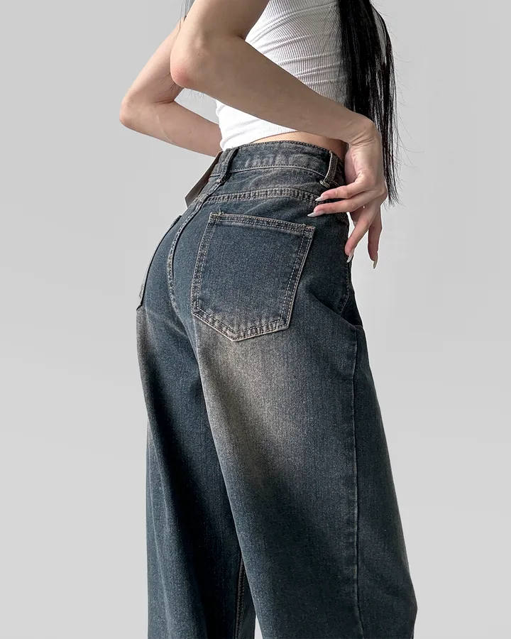 [3기장/~3XL] 스모크 워싱 와이드 정핏 일자 캐쥬얼 데일리 데님 팬츠 바지 상세 이미지 16