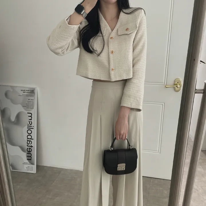 [부분 당일배송🎀1000장돌파!! 리뷰극찬🔥컬러추가!] 트위드 세미 크롭 자켓 노카라 간절기 하객룩 숏자켓 핑크 아이보리 블랙 네이비 - 5colors 상세 이미지 73