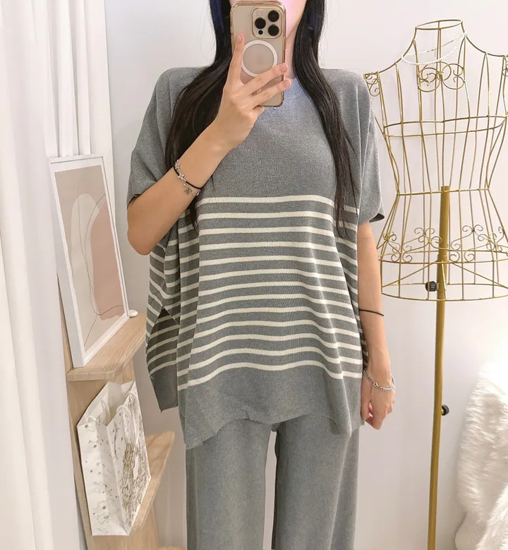 *빠른출고 *체형커버굿 [*44-77/highqual] 모먼트 스프라이트 소프트 단가라 케이프 니트 + 밴딩 와이드 니트 팬츠 투피스 트레이닝세트 - 4color 상세 이미지 22