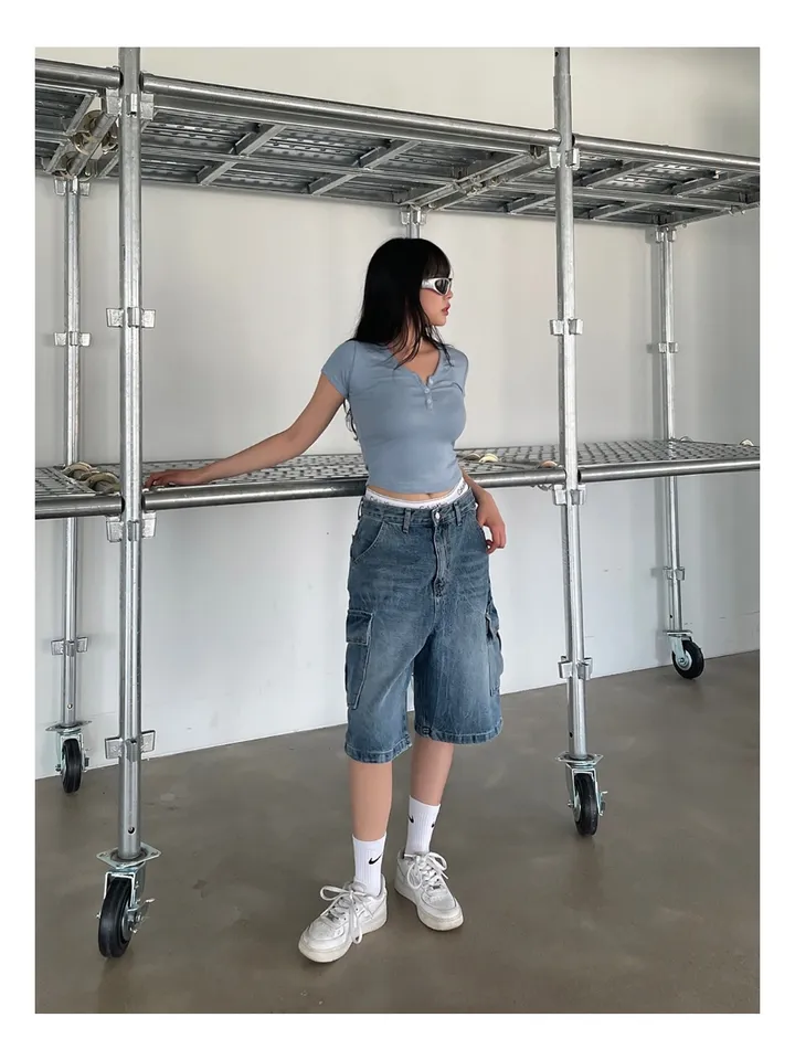 [UNISEX] 카고 데님 청 워싱 버뮤다 반바지 팬츠 (2color) 상세 이미지 20