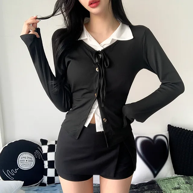 [일체형/모던룩/2col] 신디 일체형 슬림핏 레이어드 셔츠 가디건 / 카라넥 / 리본가디건 / 레이어드티셔츠 / 페이크셔츠 / 긱시크 / 브이넥 / 셔츠니트 / 코디완성 / 강추 상세 이미지 6