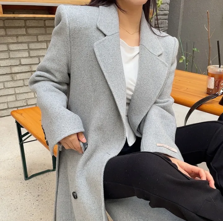 (퀄팅패딩내피안감/탈부착가능) 고급스러운 텍스처 더블 버튼 테인 핸드메이드 울 롱 코트 상세 이미지 22