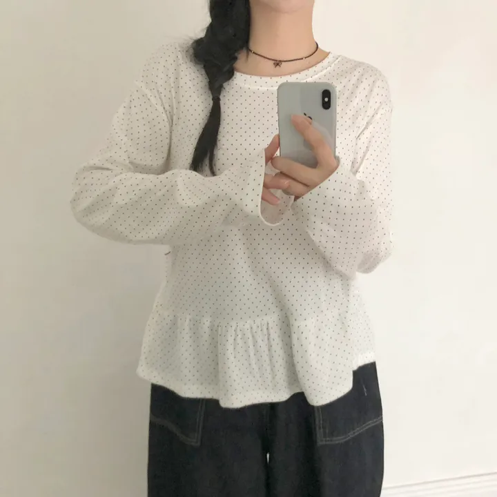 [레이어드템💭]도트 땡땡이 프릴 캉캉 레이어드 라운드넥 긴팔티 3color 상세 이미지 16