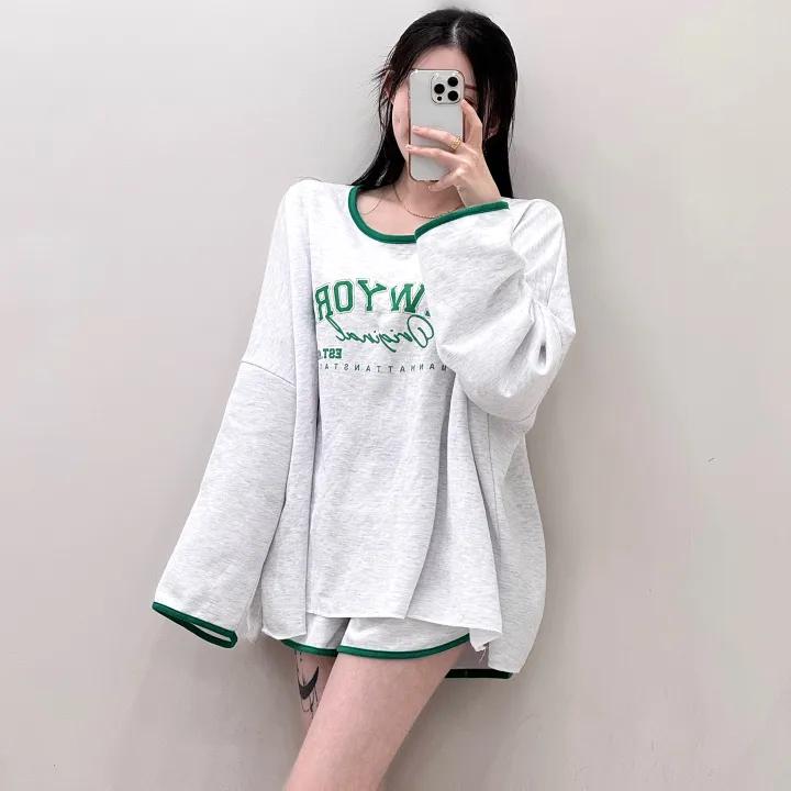[여름까지/여리루즈핏] 밴티 나염 배색 라인 입술넥 오버핏 긴팔 티셔츠+밴딩 하이웨스트 돌핀 숏팬츠 투피스 트레이닝 세트 3color 상세 이미지 15