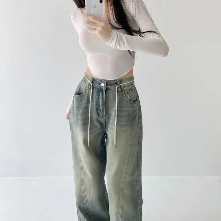 [색감깡패🖤/끈탈부착O] 미드나잇 뒷밴딩 스트링 스트랩 하이웨스트 절개라인 빈티지 워싱 롱 와이드 데님 팬츠 밴딩바지 청바지 사계절청바지 상세 이미지 7