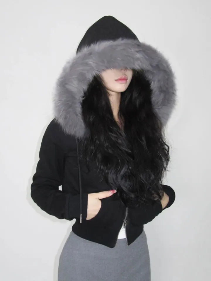 [🖤고퀄/핏보장!] 털모자 기모 퍼 크롭 후드 집업 상세 이미지 5