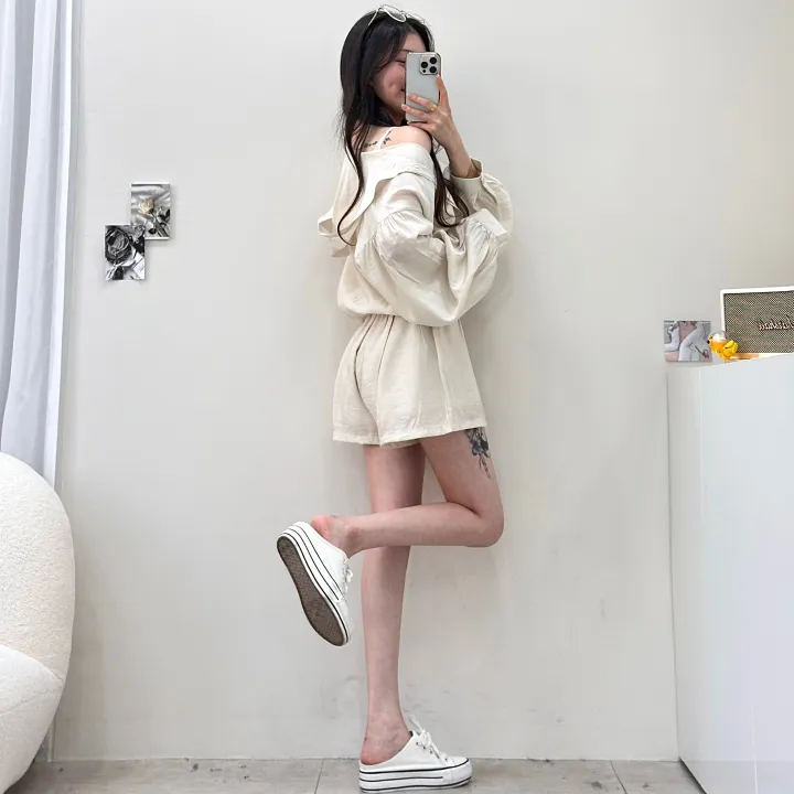 [한여름까지!/살안타템] 벌룬 끝판왕! 린넨 아방핏 크롭 밴딩 셔츠 후드 집업+실키 하이웨스트 3부 숏팬츠 반바지 투피스 세트 5color 상세 이미지 17