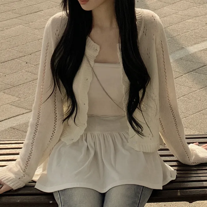 [벚꽃룩🌸/울함유] 펀칭 플라워 물결 크롭 니트 봄 딸기우유 여름가디건 상세 이미지 9