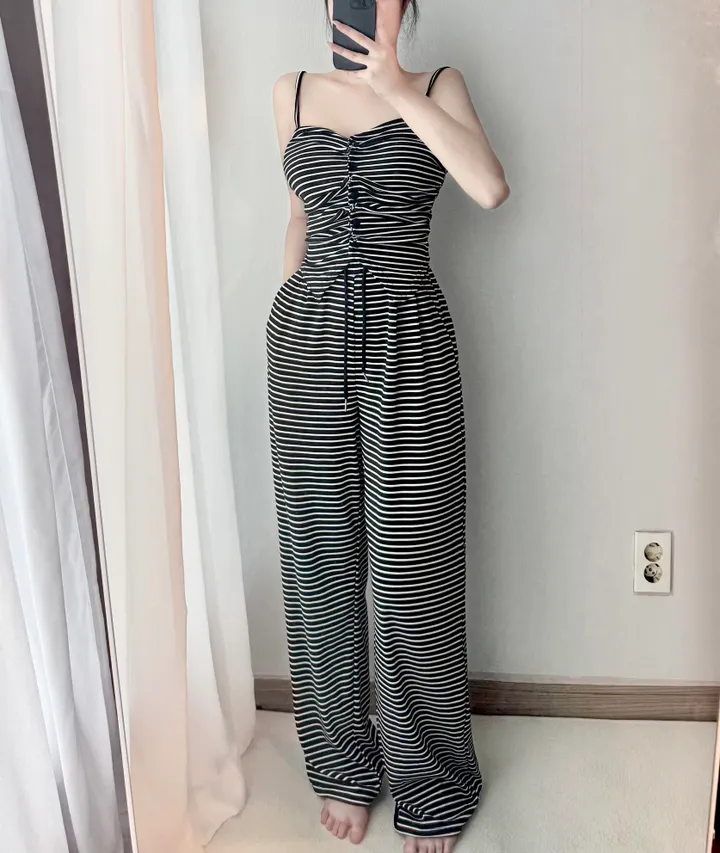 [집앞마실룩🖤/세트가격] 스트라이프 단가라 트레이닝 나시 와이드팬츠 세트 투피스 상세 이미지 7