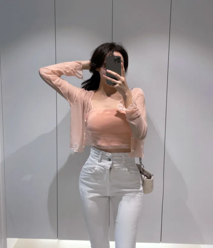 [청순여리핏💖/최저가] 체형커버 봄 여름 쉬폰 셔링 망사 끈나시 탑 + 진주단추 시스루 플리츠 요루 크롭 루루 가디건 세트 슬림핏가디건 여름나시가디건세트 상세 이미지 8