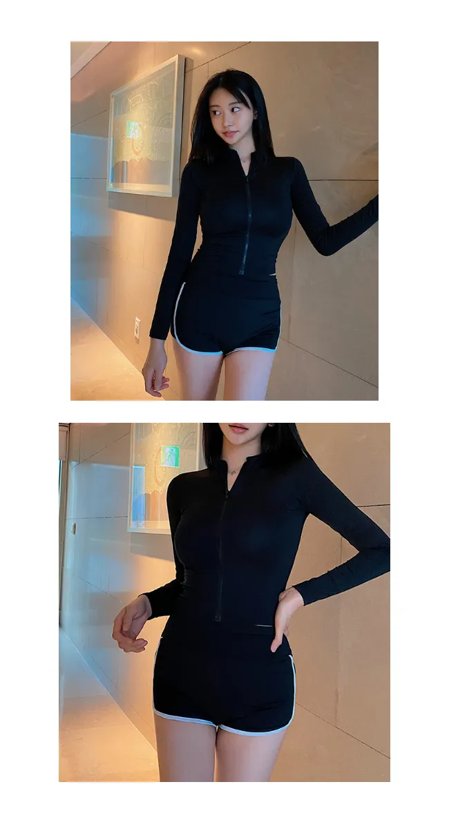 [주문폭주] 플레인 실내 비치웨어 스윔웨어 집업 긴팔 래쉬가드 수영복(아이보리/블랙) 상세 이미지 12