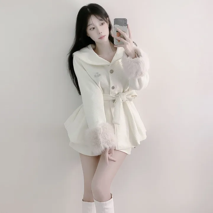 [초고퀄]소매퍼 안감누빔  하프 모직코트 반바지 투피스 세트 상세 이미지 10