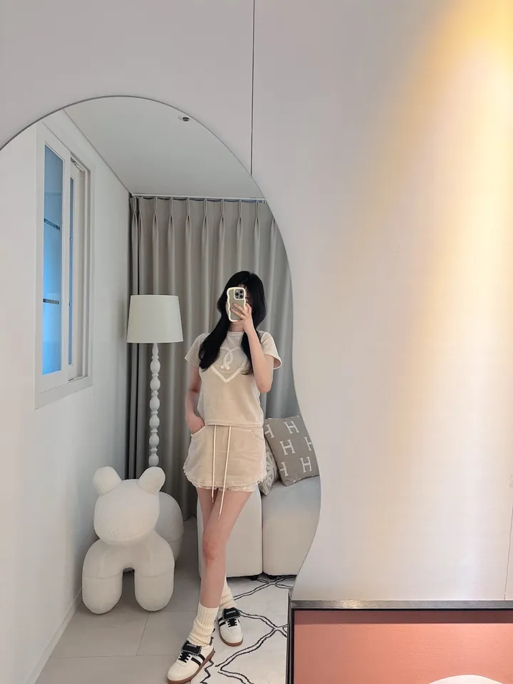 벨로아 피치 진주 하트 레이스 치마바지 투피스 세트 (2color) 상세 이미지 32