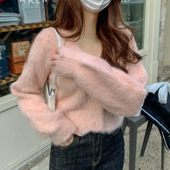 [심쿵핏/털빠짐X] 따뜻 도톰 파스텔 루즈핏 앙고라 모헤어 크롭 브이넥 벌룬 소매 깃털 퍼 니트 가디건 상세 이미지 53