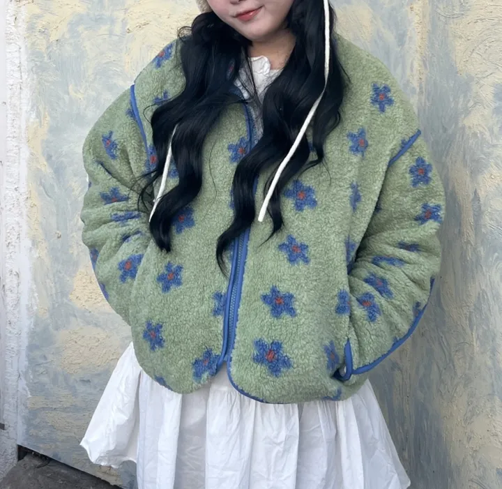 플라워 뽀글이 누빔 후리스 집업 상세 이미지 15