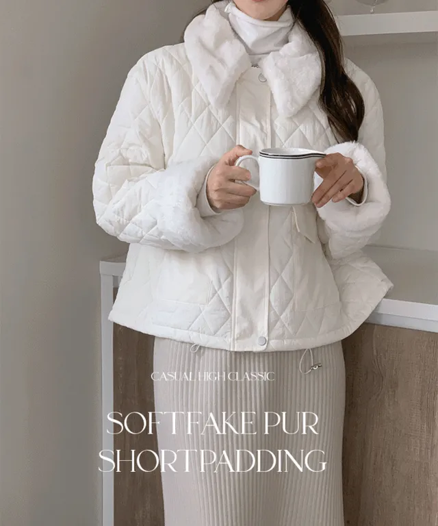 [포근따뜻/웰론100%/초겨울준비]메르쥬 페이크퍼 카라넥 지퍼 웰론 베이직 포켓 퀄팅 숏 패딩 점퍼