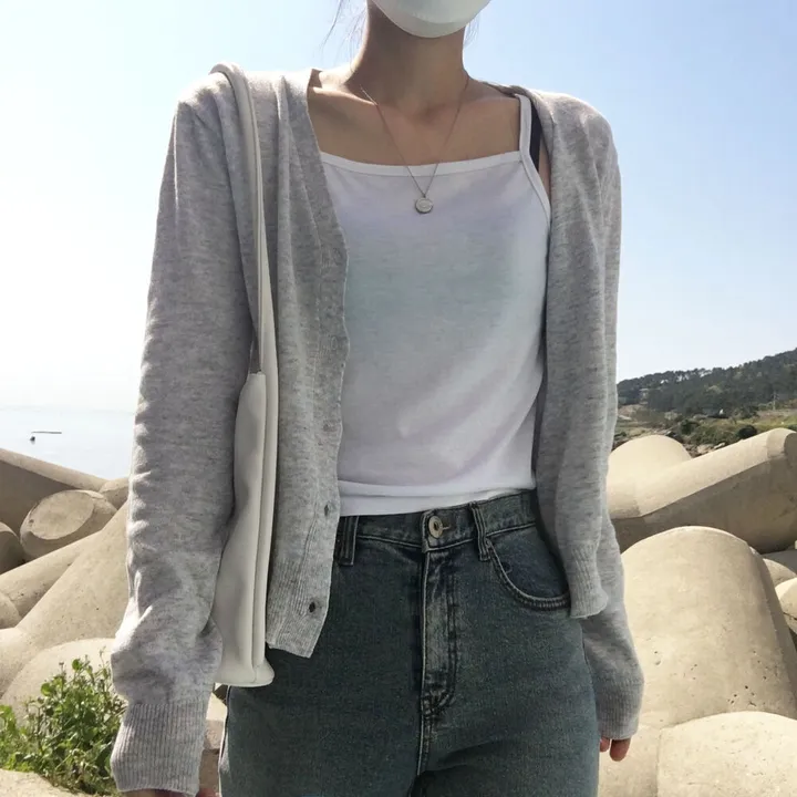 [ 뱀부40% ] 얇은 기본 가디건 / 가벼워요. 여리여리 세미크롭 브이넥 아우터 상세 이미지 13