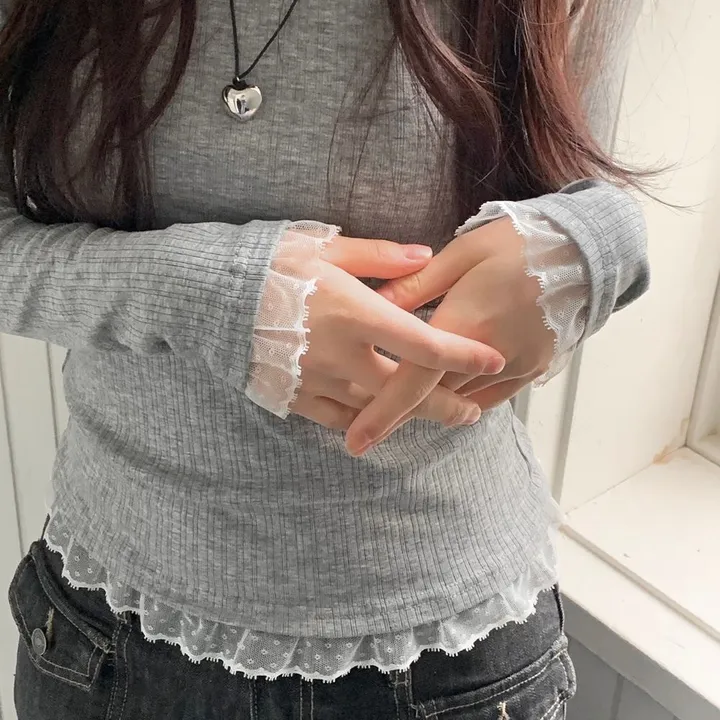 [-3kg🤍여리말라핏]사브리나 여리 레이스 레이어드 프릴 텐션 슬림핏 보트 라운드넥 롱슬리브 티셔츠 4color 상세 이미지 26
