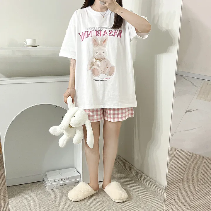 💗[당일출고/남녀공용]💗 토끼 잠옷 파자마 체크바지 단품 반팔티 반팔 티 박시핏 루즈핏 오버핏 빅사이즈 래빗 잠옷세트 파자마세트 홈웨어 커플룩 커플티 커플 체크바지 박시티 상세 이미지 7