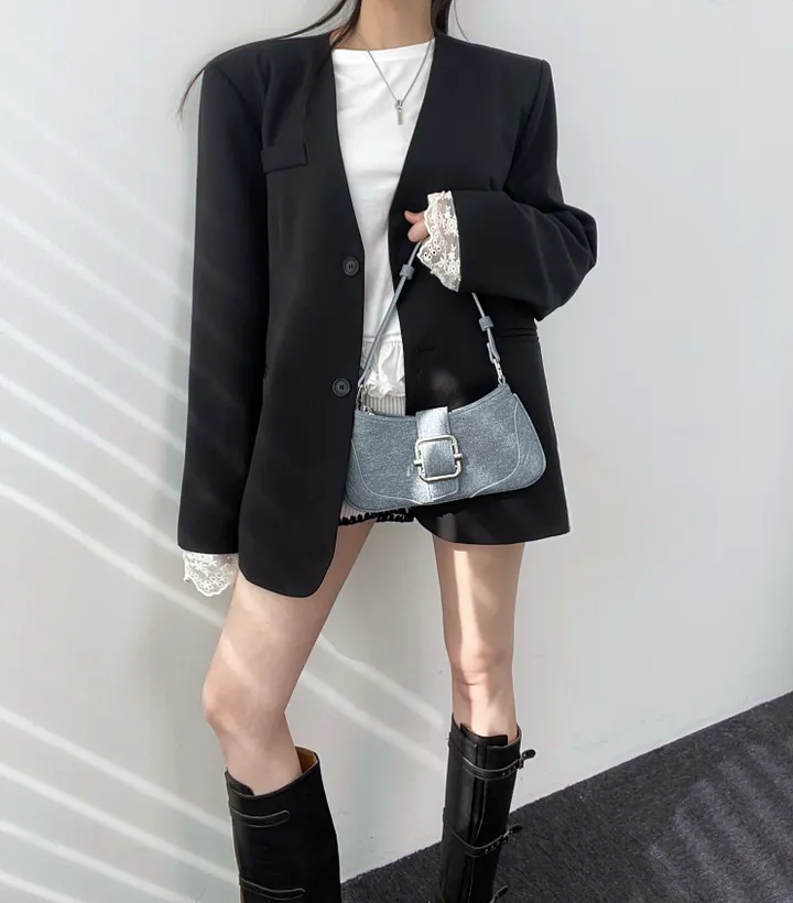 *핏대박레이스자켓* 봄옷 자켓 오버핏 레이어드 레이스 노카라 자켓 박시핏 봄아우터 봄자켓 레이스자켓 상세 이미지 8