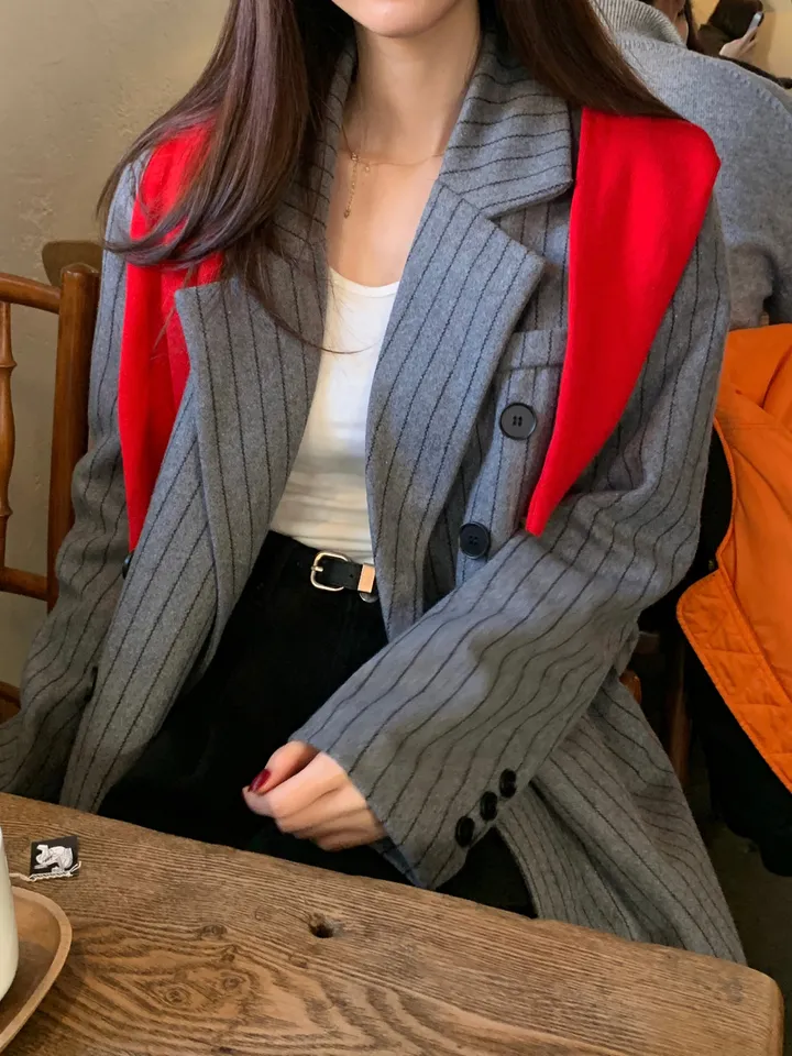 [브랜드퀄/안감누빔] 브랜드 퀄리티 누빔 그레이 스트라이프 롱코트 루즈핏코트 더블코트 겨울코트 스트라이프코트 상세 이미지 21