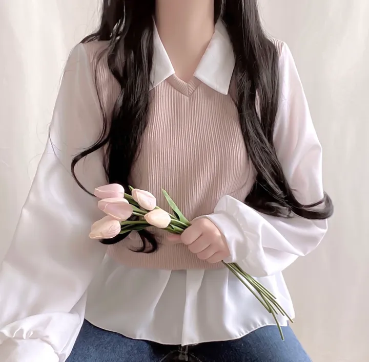 [셔츠+니트 일체형!] 포밍 레이어드 카라 벌룬 배색 니트 블라우스 4color 베이지 핑크 소라 블랙 상세 이미지 9