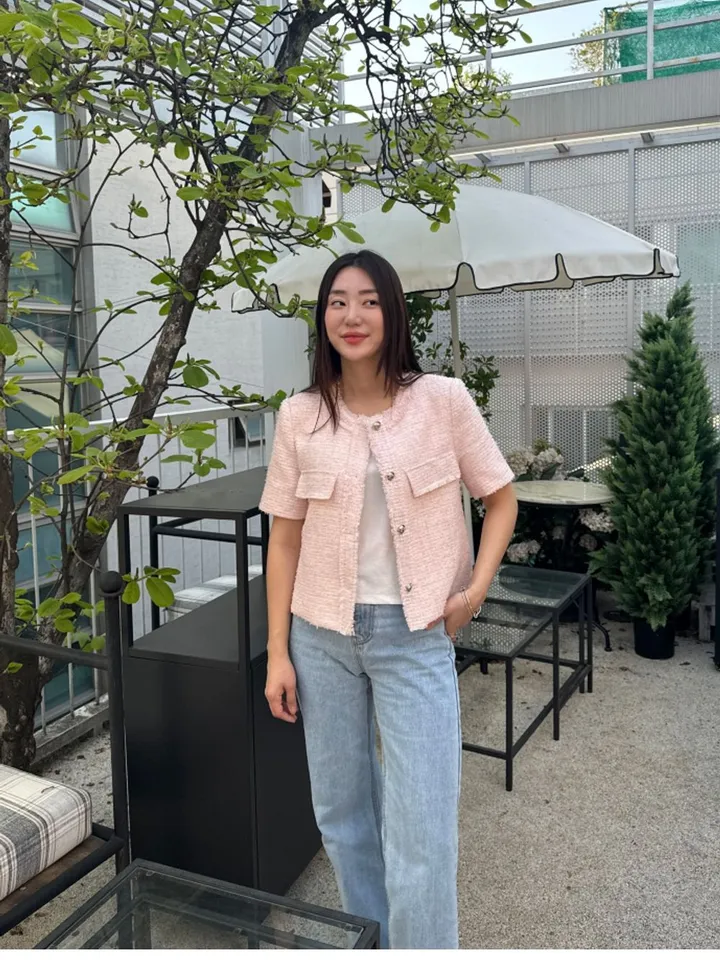 (재진행)[반팔트위드/여름자켓]벛꽃축제 오버핏 프린지 반팔트위드  크롭자켓 라운드 하객룩 린넨 데이트룩(2COLOR) 상세 이미지 70