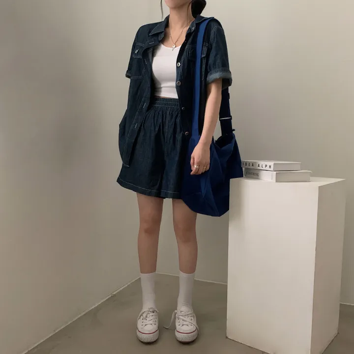 [세트가격/2사이즈!] 포토그래퍼 데님 오버핏 반팔셔츠+반바지 셋업,투피스 상세 이미지 11