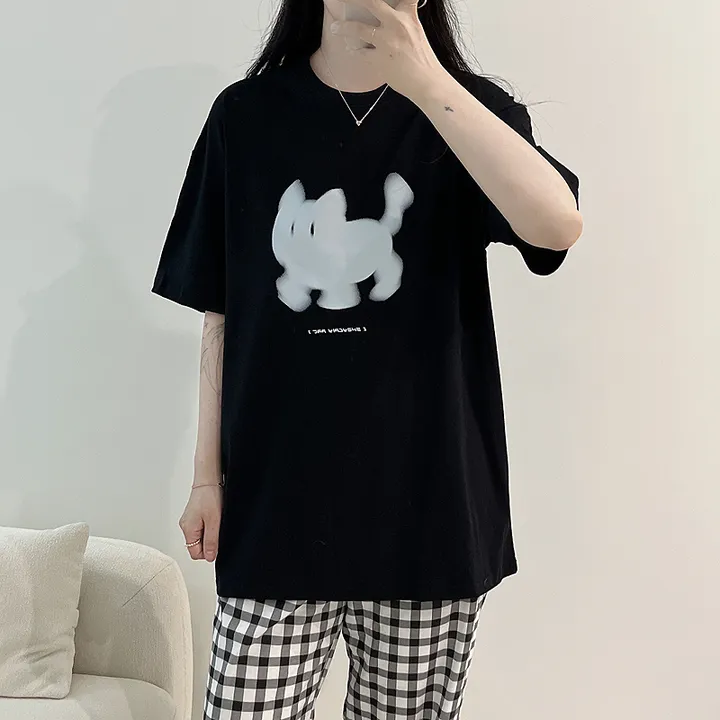 🖤[당일출고/남녀공용]🖤 고양이 캣 빅사이즈 박시핏 루즈핏 오버핏 박시티 반팔 티 티셔츠 여름 면티 커플티 커플룩 커플 커플잠옷 순면 잠옷 파자마 상하세트 체크바지 프리미엄 무 상세 이미지 8