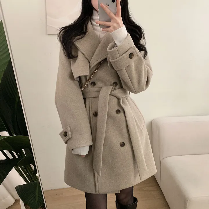 [누빔안감, 하객룩추천] 차분한무드 허리잘록 더블버튼 트렌치 하프 코트 상세 이미지 28