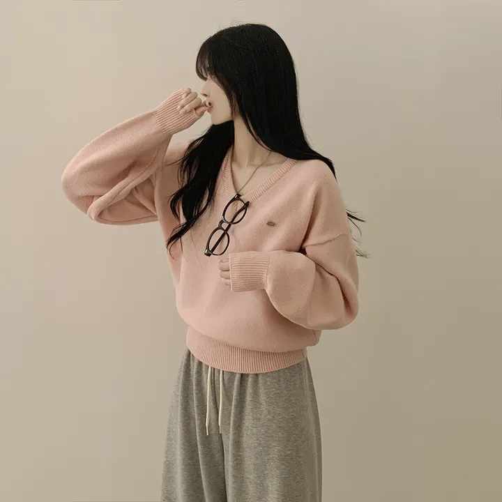 [파스텔색감💭/도톰폭닥~] 와펜포인트 아방핏 브이넥 루즈핏 허리잘록 긴팔니트 상세 이미지 21