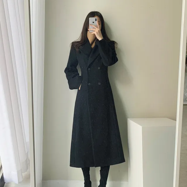 A라인 슬림 롱 플레어 더블 버튼 울코트 블랙 베이지 상세 이미지 27