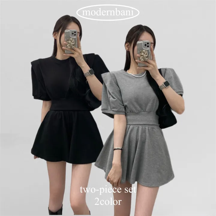 [set!]쭈리 크롭 퍼프 반팔 맨투맨+밴딩 치마 반바지 숏팬츠 투피스 트레이닝 세트 2color 상세 이미지 3
