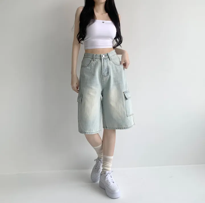 후기극찬![핏보장❤︎/힙무드/~XL] 이브닝 빈티지 힙 워싱 하이웨스트 와이드 카고 하프 버뮤다 5부 청 반바지 데님 팬츠 빅사이즈 상세 이미지 15