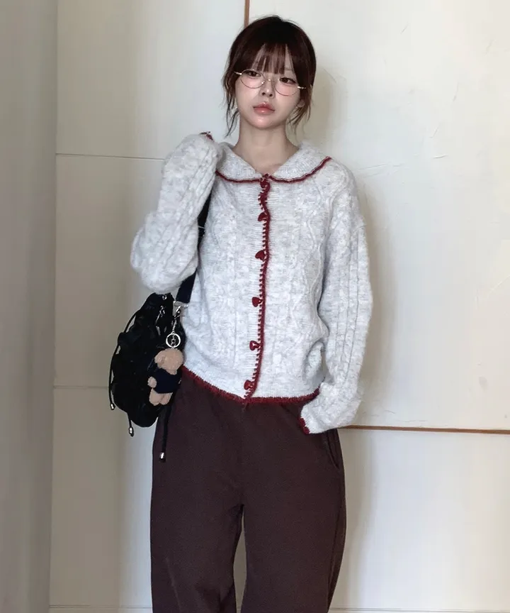 [MD추천✨러블리] 우토 하트 단추 카라 배색 니트 가디건 봄 가을 / 니트가디건 가디건 봄가디건 아우터 바람막이 청자켓 뮤잉 상세 이미지 12