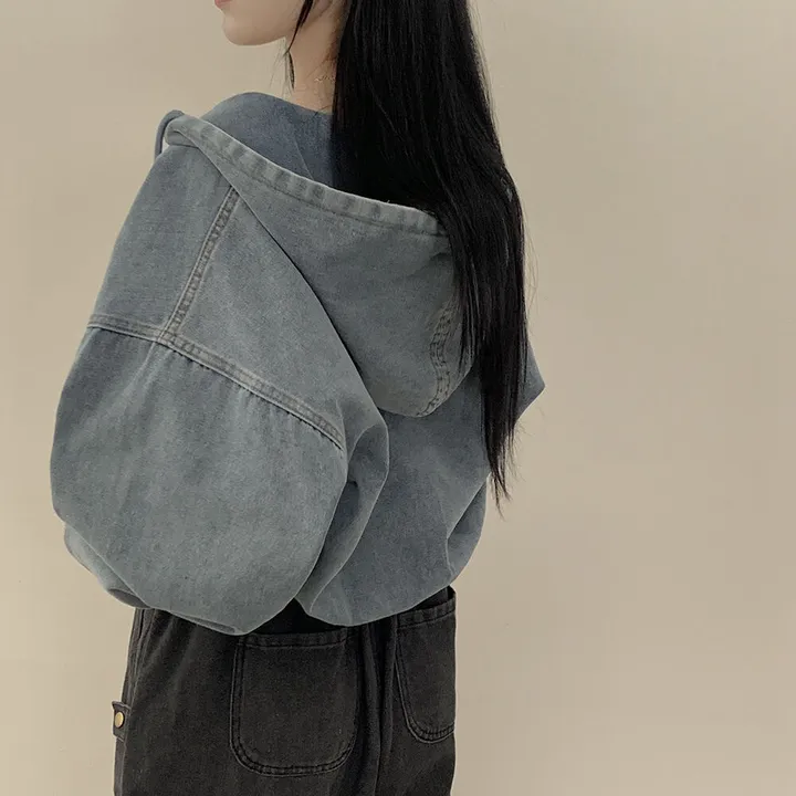 [왕박시/아방핏✨] 데님 빅후드 투웨이 청자켓 후드집업 숏점퍼 연청 흑청 개강룩 캠퍼스룩 빅사이즈 상세 이미지 15