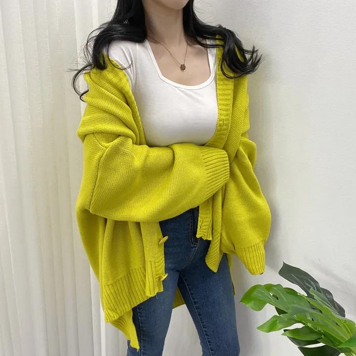 🚀당일발송-레드/블랙🚀[고퀄/데일리룩] 봄🌸 가을 디얼 터크 언발 오버핏 니트 가디건 상세 이미지 8