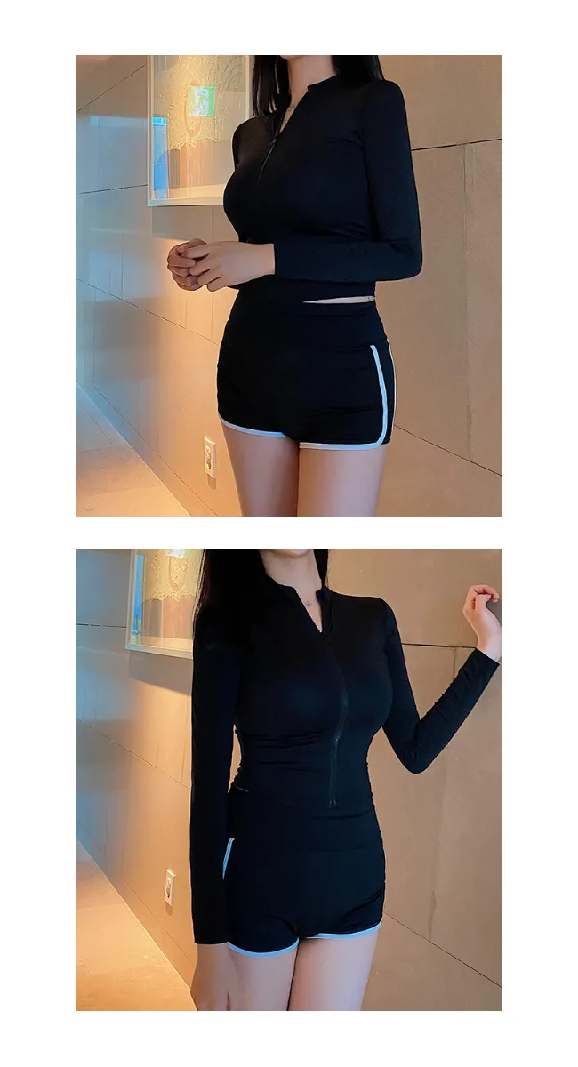 [주문폭주] 플레인 실내 비치웨어 스윔웨어 집업 긴팔 래쉬가드 수영복(아이보리/블랙) 상세 이미지 19