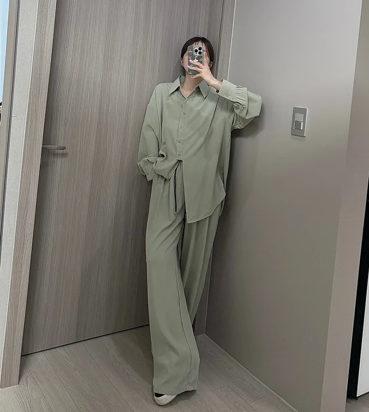 [최저가/부분당일발송🚚]빅사이즈 루즈핏 패치 남방셔츠 스트링 슬랙스 와이드팬츠 투피스세트/44-88/빅사이즈/찰랑/시원한소재/여름신상/뒷밴딩/여름하객룩/휴양지룩/바캉스룩/투웨이 상세 이미지 22