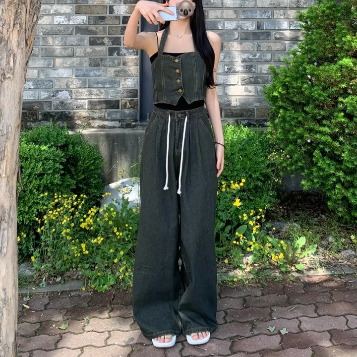 ⁎MADE [코디set/S~L] 치퍼 홀터 데님 크롭 뷔스티에 탑 나시 와이드 롱 생지 워싱 데님 청 팬츠 투피스 세트 <여행룩/힙/빈티지/인생샷!> 상세 이미지 31