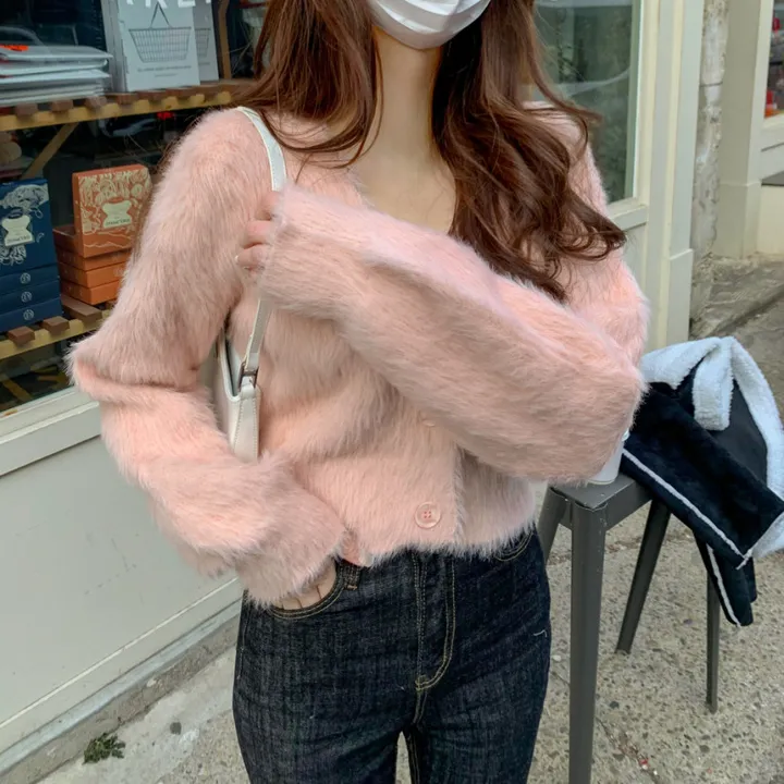 [심쿵핏/털빠짐X] 따뜻 도톰 파스텔 루즈핏 앙고라 모헤어 크롭 브이넥 벌룬 소매 깃털 퍼 니트 가디건 상세 이미지 12