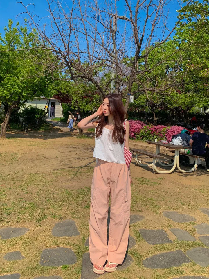 [묶음할인🎁간절기🤎롱&숏/진짜강추ㅠ] 아이스 바스락 나일론 썸머 카고 와이드 트레이닝 팬츠 하이웨스트 밴딩 봄 츄리닝 바지 냉장고 벚꽃룩 꽃놀이룩 개강여신 6COL 상세 이미지 17