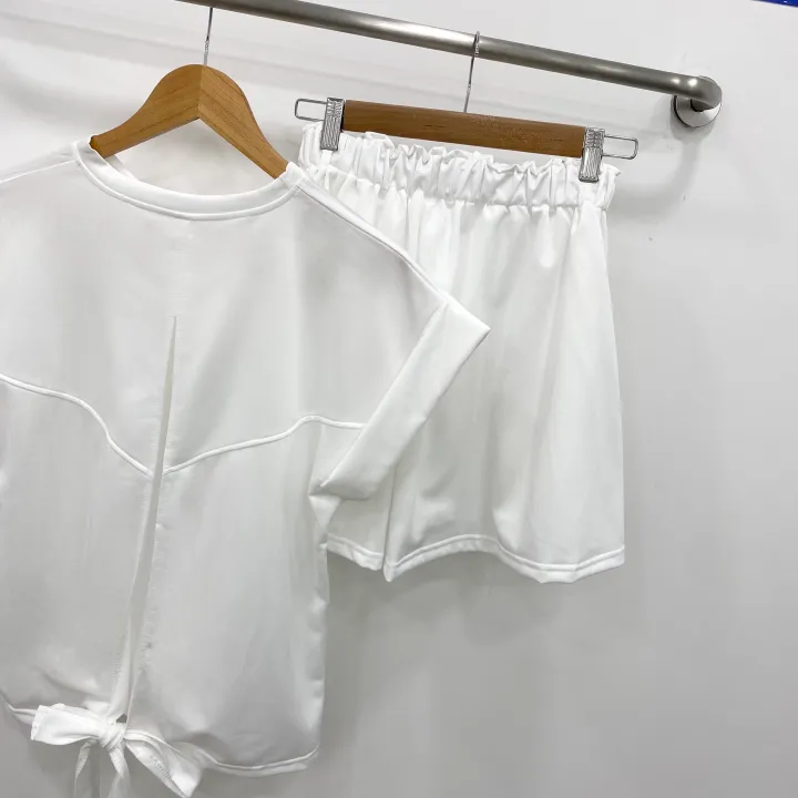 [set!]리본 뒷트임 롤업 캡소매 반팔티+플레어 숏팬츠 반바지 투피스 트레이닝 세트 2color 상세 이미지 16
