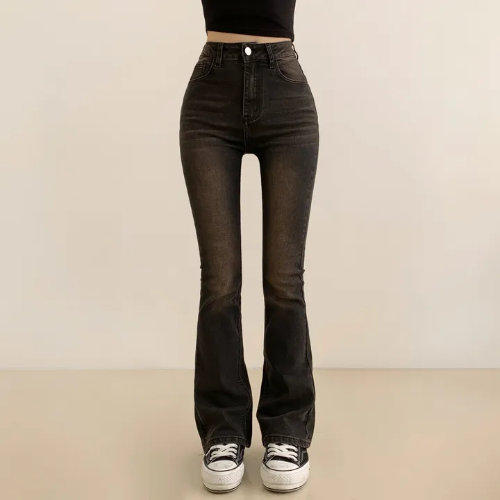 [~XL/인생핏!] 브라운 틴팅 워싱 하이웨스트 흑청 데님 부츠컷 팬츠 상세 이미지 2