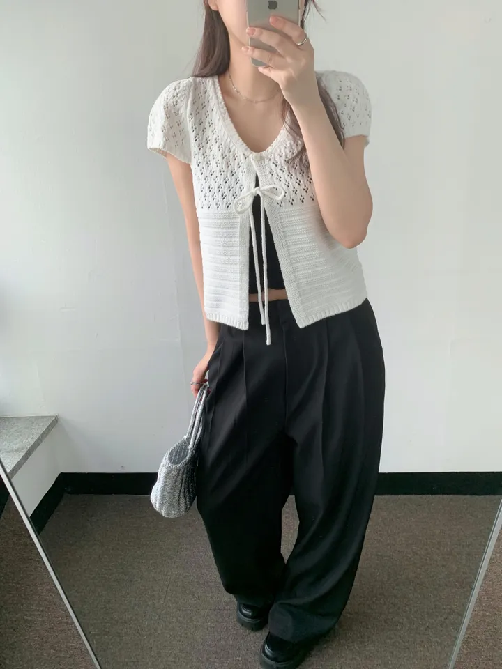 멜라운지 콤비 하프 가디건 mellounge 2col 반팔 여름 리본 펀칭 레이어드 러블리 상세 이미지 18