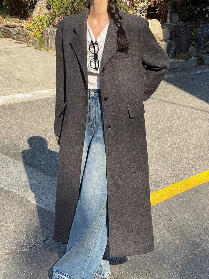 프리미엄 울 카라 싱글 일자 롱 코트 상세 이미지 22