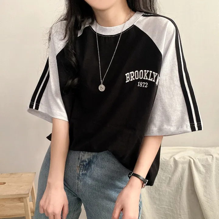 [예쁜/스포티!] 두줄 져지 배색 나그랑 브루클린 자수 데일리 반팔티T 5color 상세 이미지 27