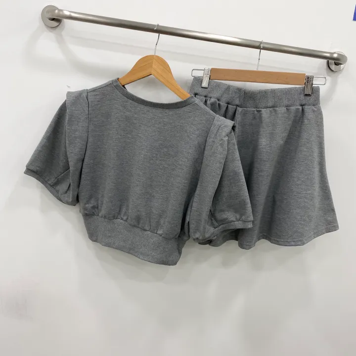 [set!]쭈리 크롭 퍼프 반팔 맨투맨+밴딩 치마 반바지 숏팬츠 투피스 트레이닝 세트 2color 상세 이미지 15